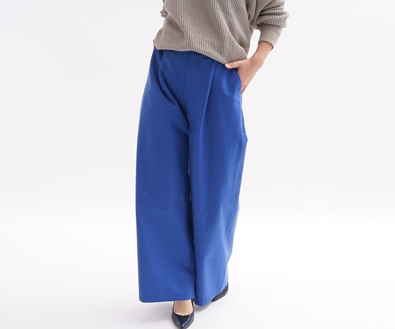 Smooth cotton wide relax pants waist belt loop pocket / pilot Blue bo2-10 - กางเกงขายาว - ผ้าฝ้าย/ผ้าลินิน สีน้ำเงิน