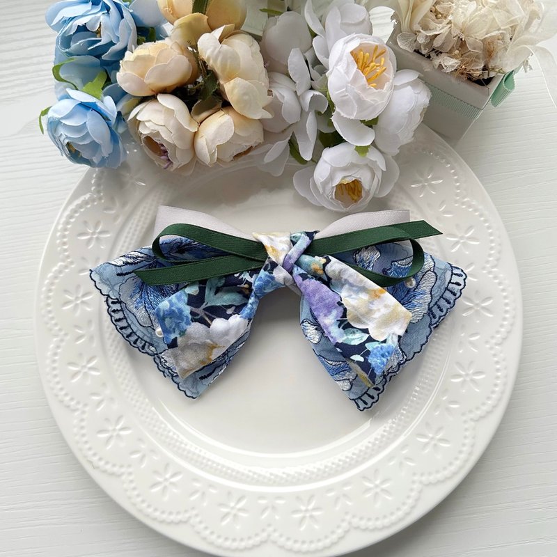 彈夾-棉布蕾絲浪漫風格髮夾髮飾-藍綠色的伯爵花園 - 髮夾/鯊魚夾 - 其他材質 藍色