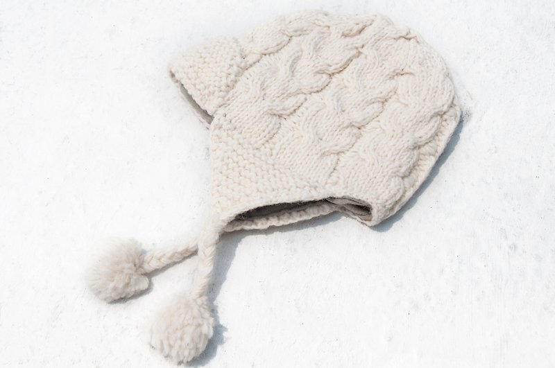 Knitted pure wool cap / handmade inner brush cap / knitted cap / flying cap / wool cap - white - Hats & Caps - Wool White