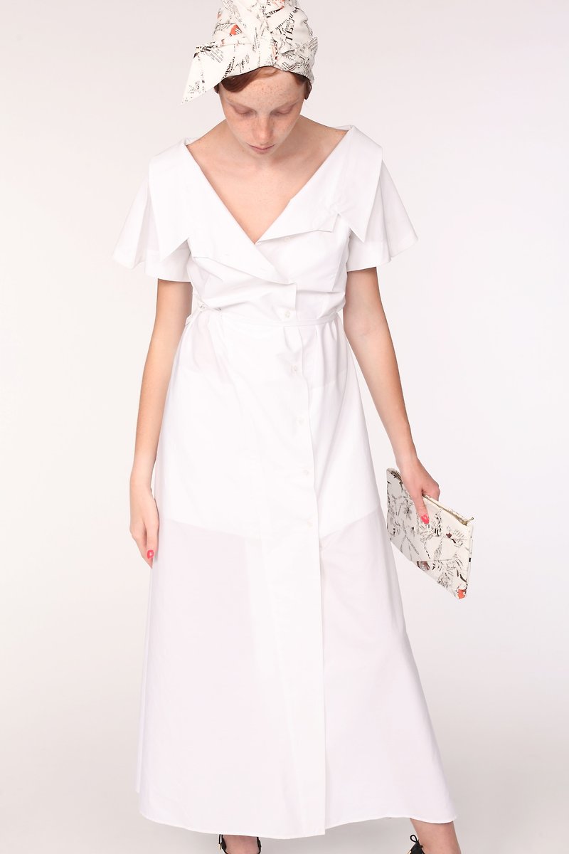 Open Collar Short Sleeves Cotton Maxi Shirt / White - เสื้อเชิ้ตผู้หญิง - ผ้าฝ้าย/ผ้าลินิน ขาว