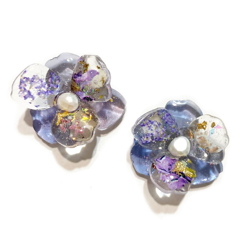 樹脂 耳環/耳夾 藍色 - 日本樹脂透亮果凍感花卉朵耳環.耳夾