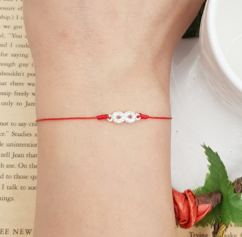 Sterling silver infinite full diamond red line bracelet single diamond marriage month old hand rope love infinite red rope line - Bracelets - Other Man-Made Fibers Red