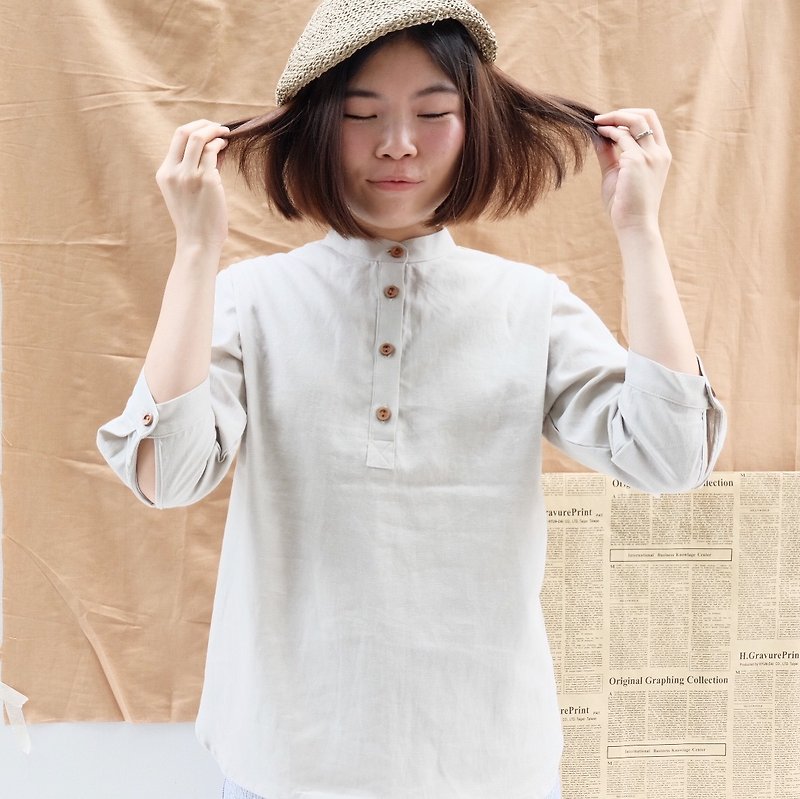 3/4 sleeved shirt : Premium Linen (Beige Color) - 女裝 上衣 - 棉．麻 卡其色