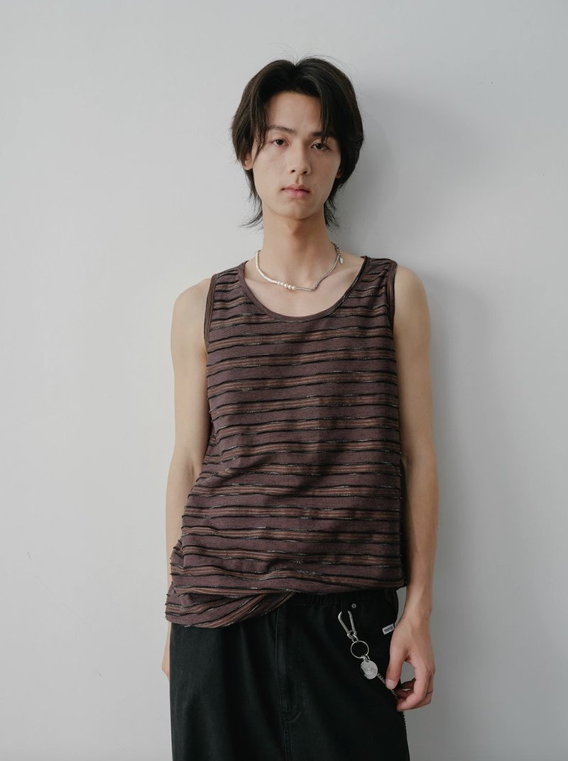 肌理面料 條紋提花背心上衣 - 男背心 - 其他材質 咖啡色