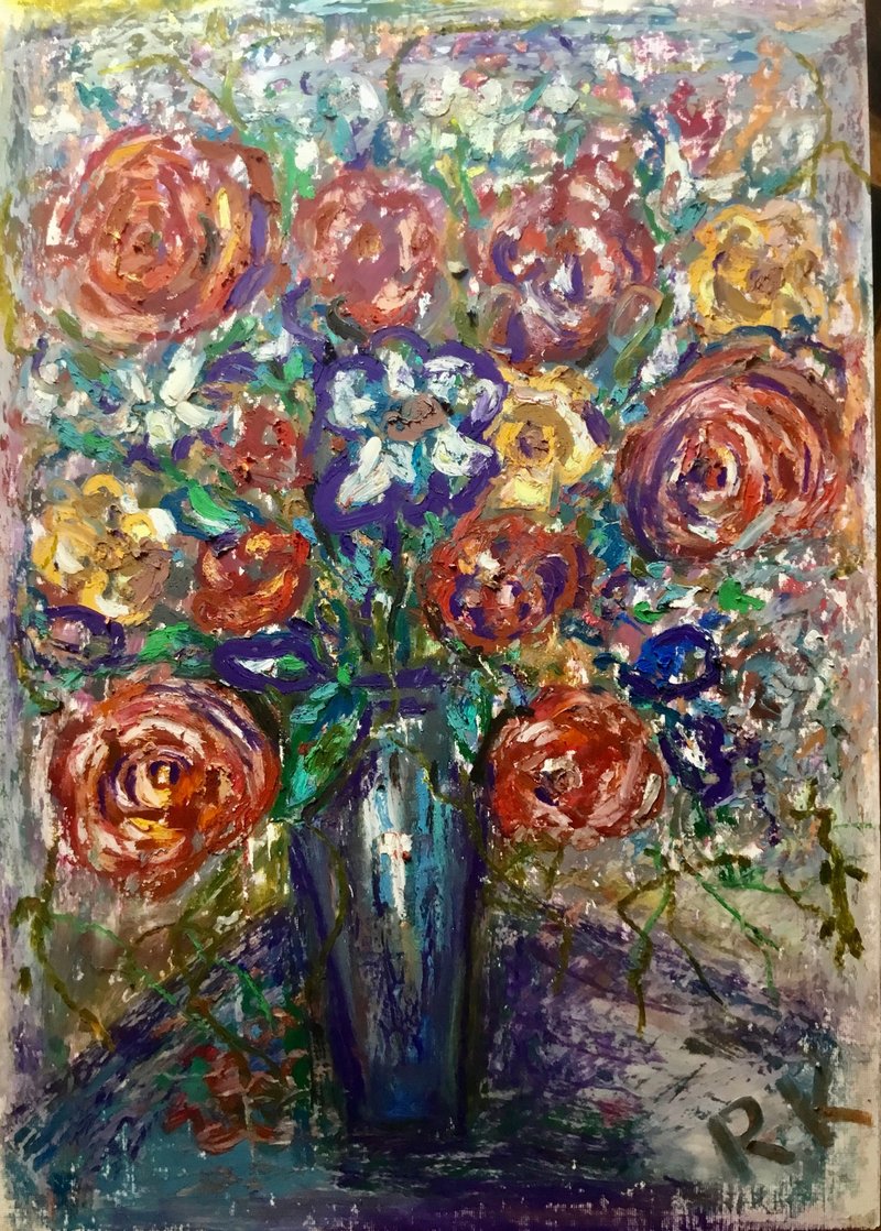 「陽気な庭のささやき」 – 300g紙に描かれたオリジナルオイルパステル花の絵画 - ウォールデコ・壁紙 - 紙 レッド