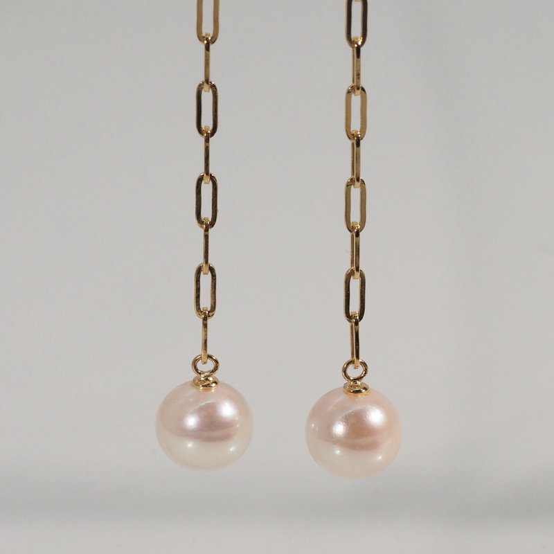 18K金吊墜 Akoya 珍珠耳環18K Gold The Link Chain Dangling Ako - 耳環/耳夾/耳骨夾 - 貴金屬 