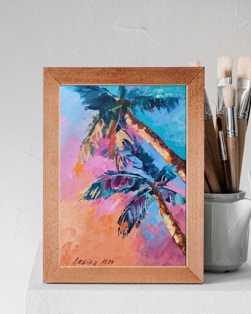 油絵 絵画【ヤシの木と海】 ヤシの木の油絵 海の小さなアート 海のアートワーク ハワイの