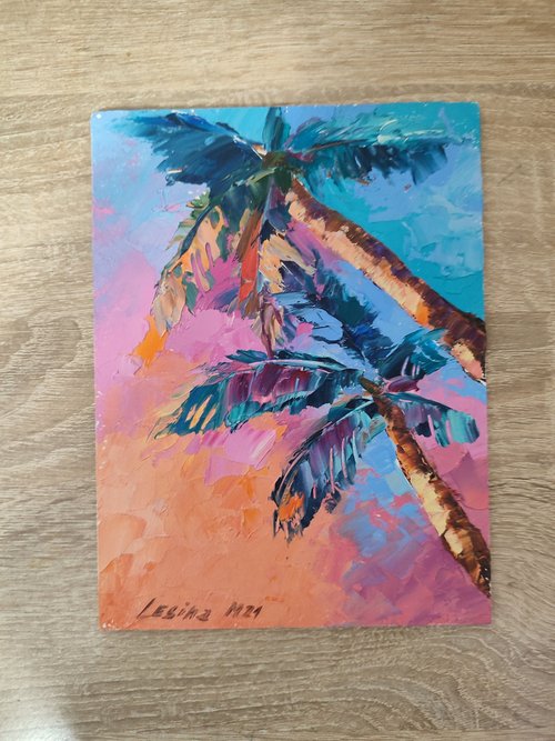 油絵 絵画【ヤシの木と海】 ヤシの木の油絵 海の小さなアート 海のアートワーク ハワイの