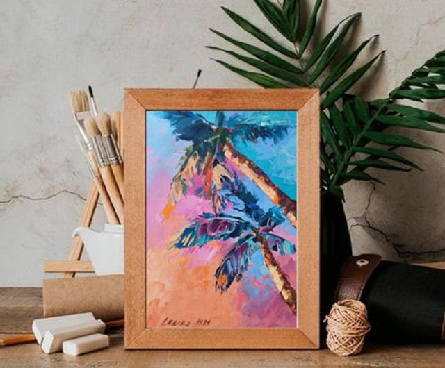 ヤシの木の油絵 海の小さなアート 海のアートワーク ハワイの