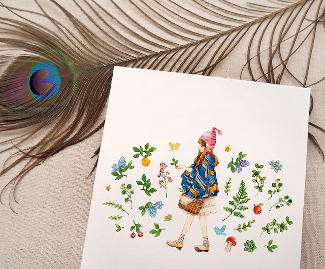 アトリエハヌ森の女の子水彩カード細心のテクスチャ水彩紙 ショップ Atelierhanu カード はがき Pinkoi