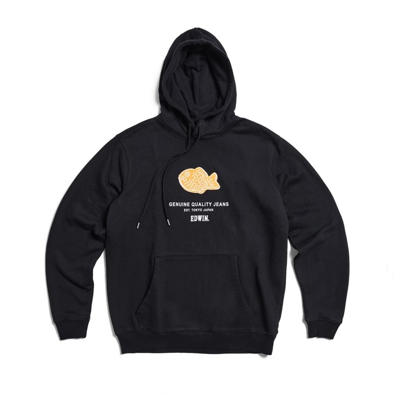 EDWIN 東京散策系列 鯛魚燒連帽長袖T恤-男女款 (黑色) - 帽T/大學T - 棉．麻 黑色
