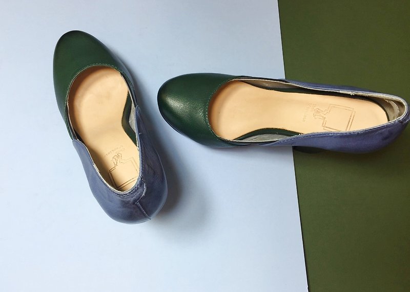 Painting children # 8006 || geometric color leather high heels Green Division Di || - รองเท้าส้นสูง - หนังแท้ สีเขียว