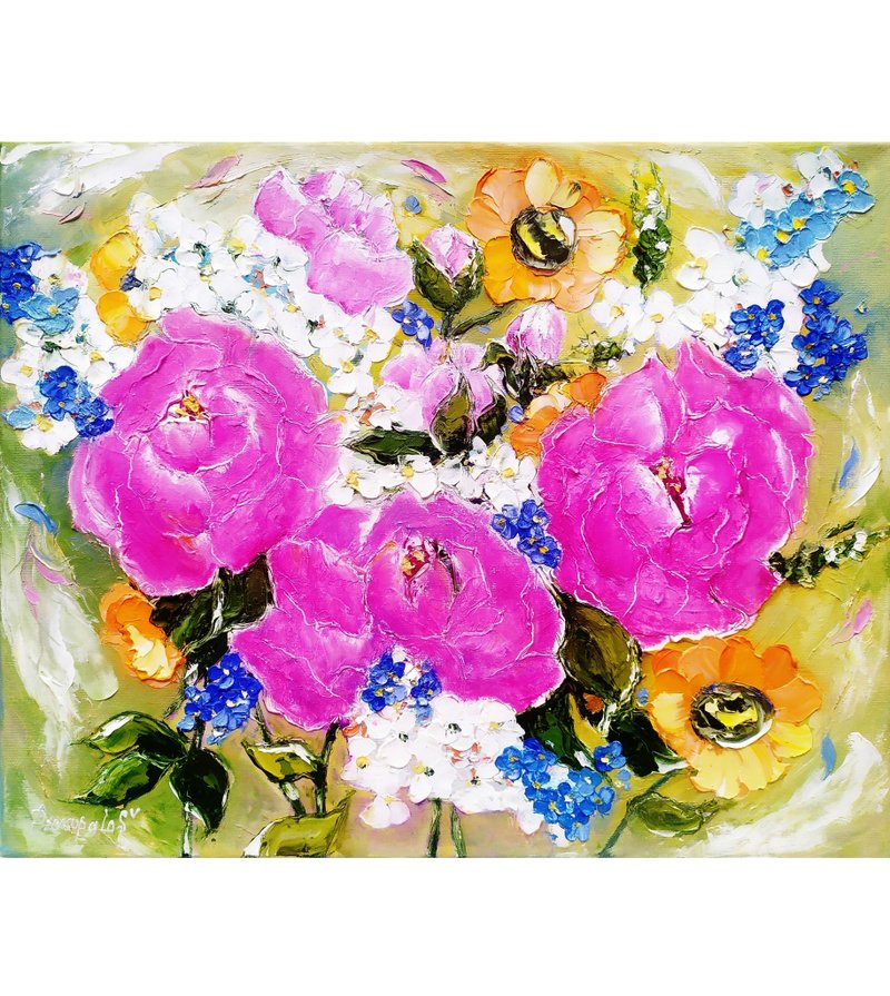 Peony Painting Flower Original Art Floral Wall Art Pink Peonies Art16x20 in - ตกแต่งผนัง - วัสดุอื่นๆ สีม่วง