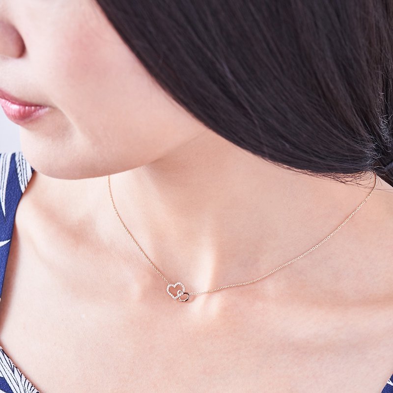 Jinghua Diamond Double Heart Series 10K Rose Gold total 0.08 carat light jewelry diamond necklace lover gift - Necklaces - Diamond 
