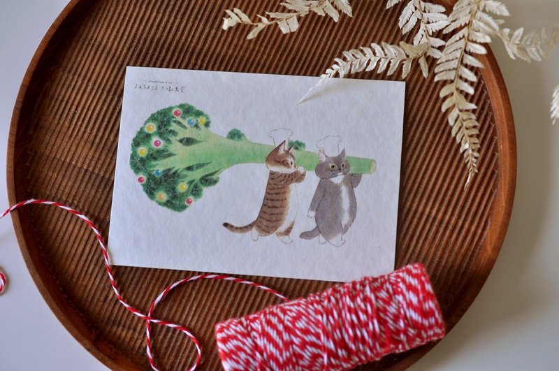 Cat Illustration Postcard - Cauliflower Celebrating Little Tree - การ์ด/โปสการ์ด - กระดาษ สีเขียว