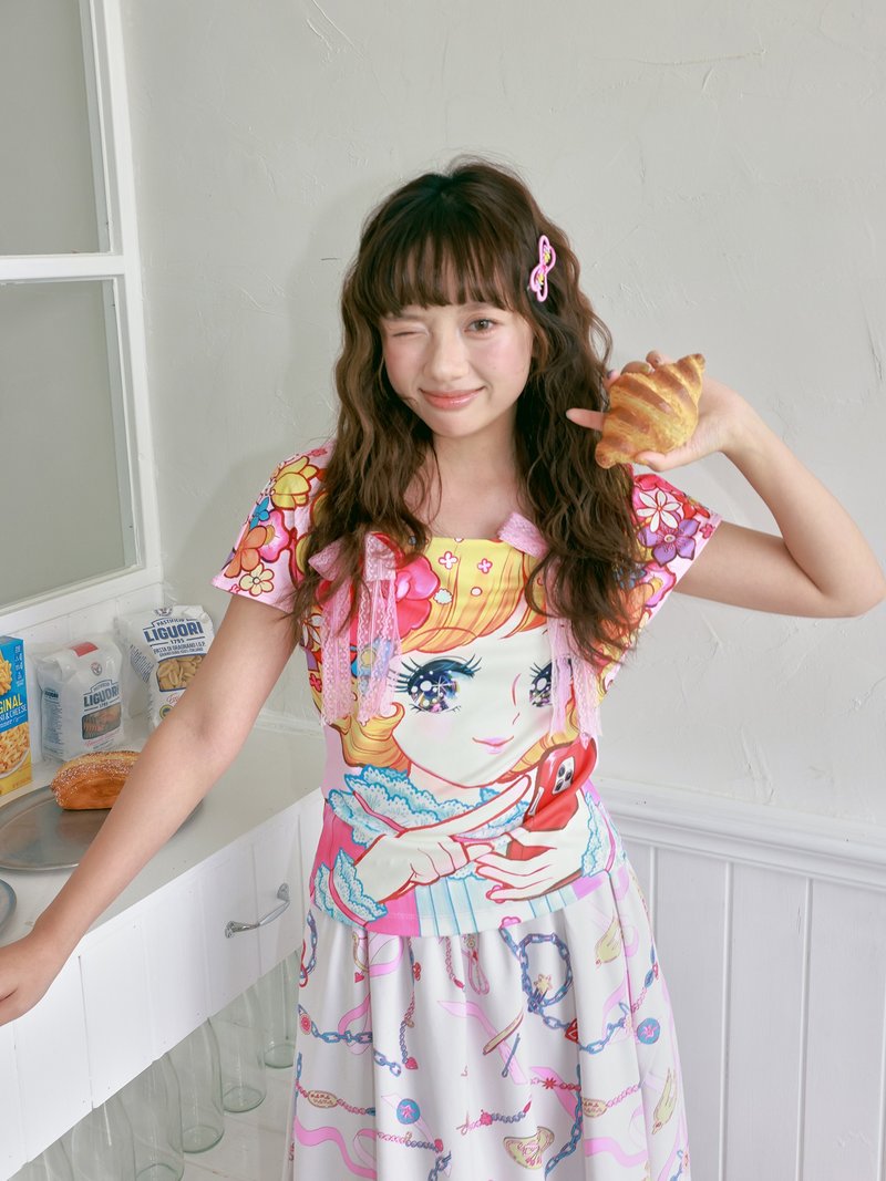 粉色蕾絲蝴蝶結美少女圖案短袖夏季 - 女上衣/長袖上衣 - 其他材質 多色