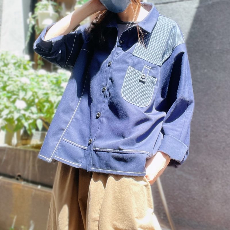 藍圓點 釦袋造型拼接外套 #U5018 - 女襯衫 - 棉．麻 