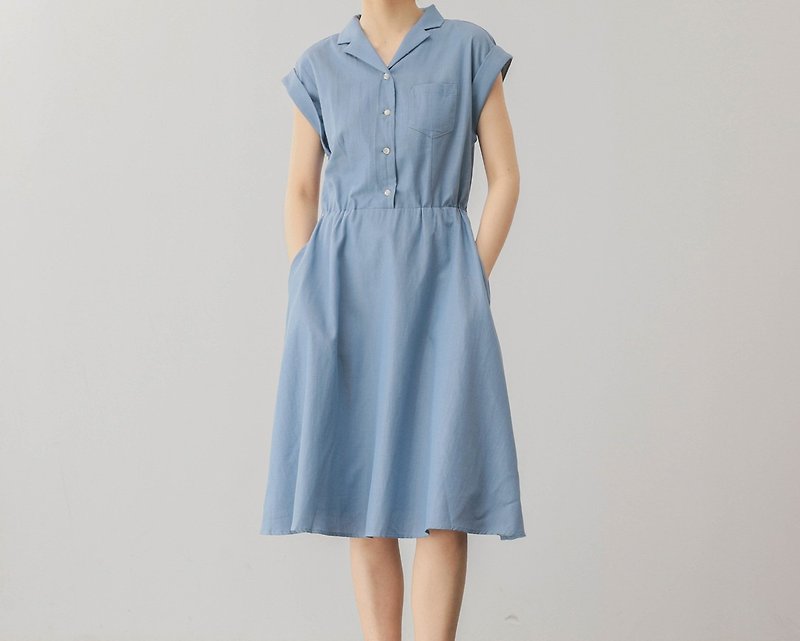 法式復古 少女圖書館 文藝西裝領無袖棉質洋裝 - 洋裝/連身裙 - 棉．麻 藍色