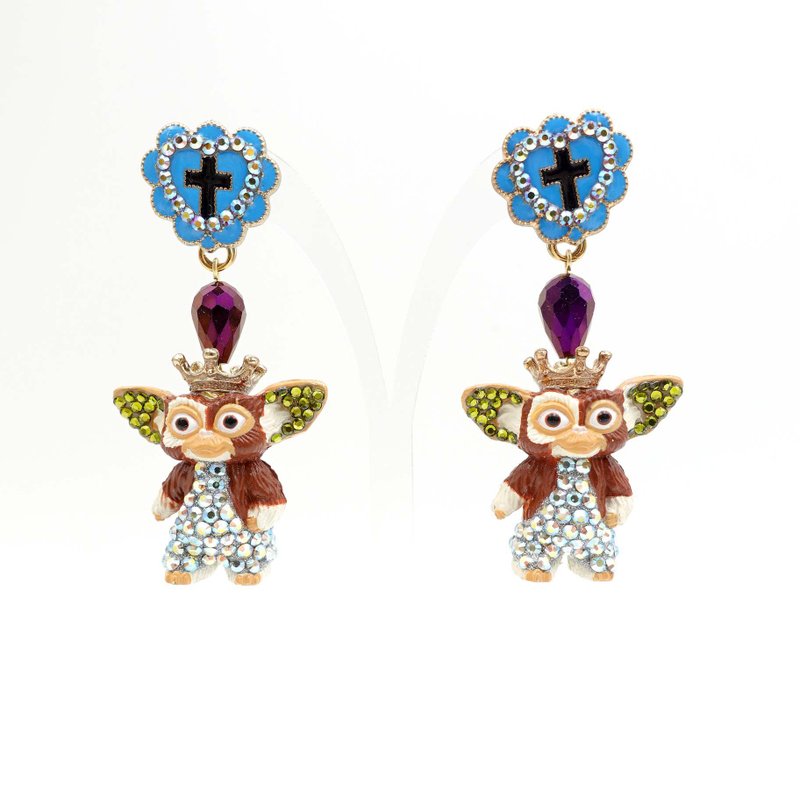 Gremlins decorated Swarovski Stone blue heart-shaped clip earrings gorgeous Funny Japanese Harajuku style system - ต่างหู - โลหะ หลากหลายสี