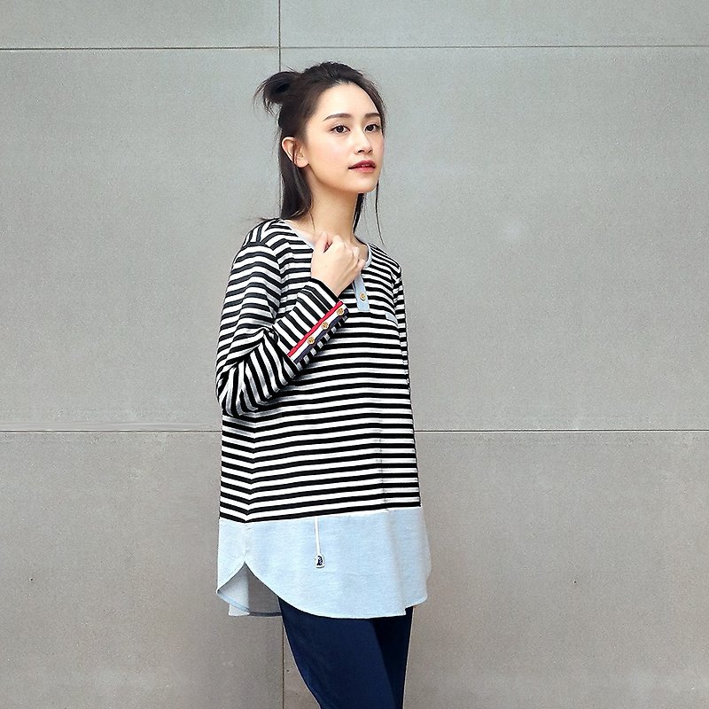 Autumn clothes∣fake two-piece striped cotton sweater (black) - Women's Tops - Cotton & Hemp Black