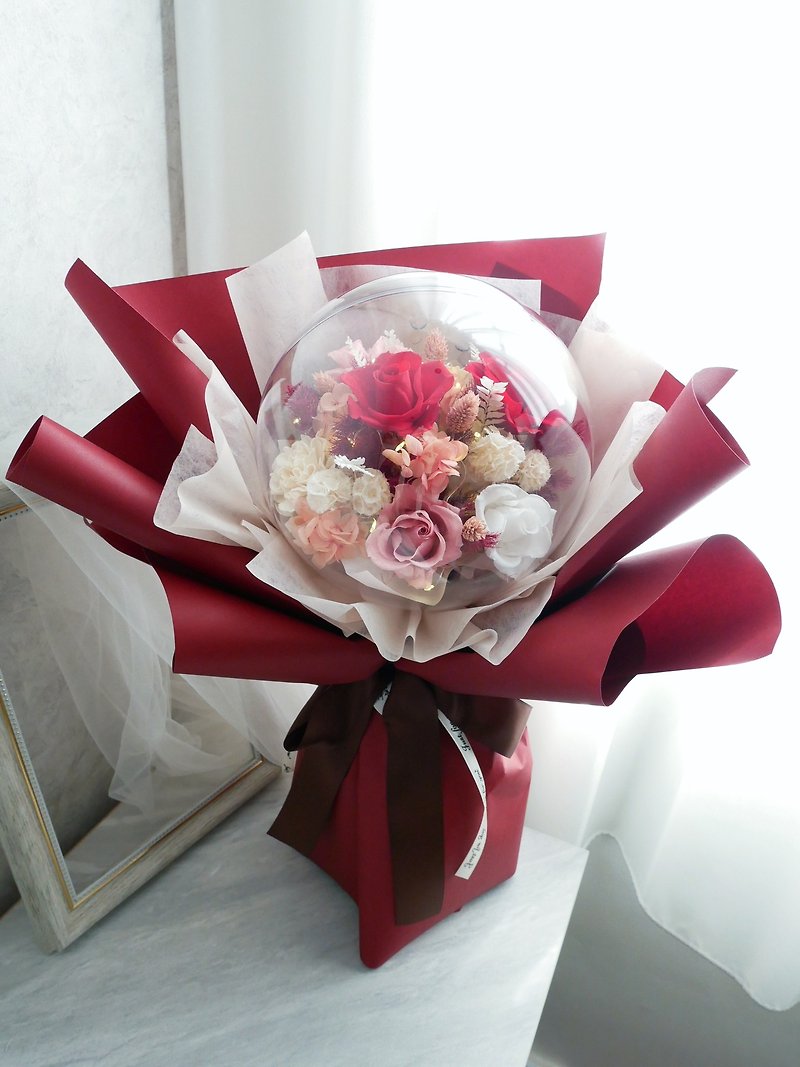 Bobo Ball Everlasting Rose Bouquet [Bright Red Rose Pink] Valentine's Day/Permanent Flowers/Birthday/Graduation - ช่อดอกไม้แห้ง - พืช/ดอกไม้ สีแดง