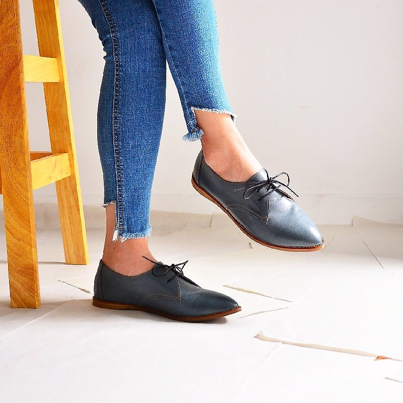 Pointy-toe Derby | Pale Denim - Women's Oxford Shoes - Genuine Leather Blue