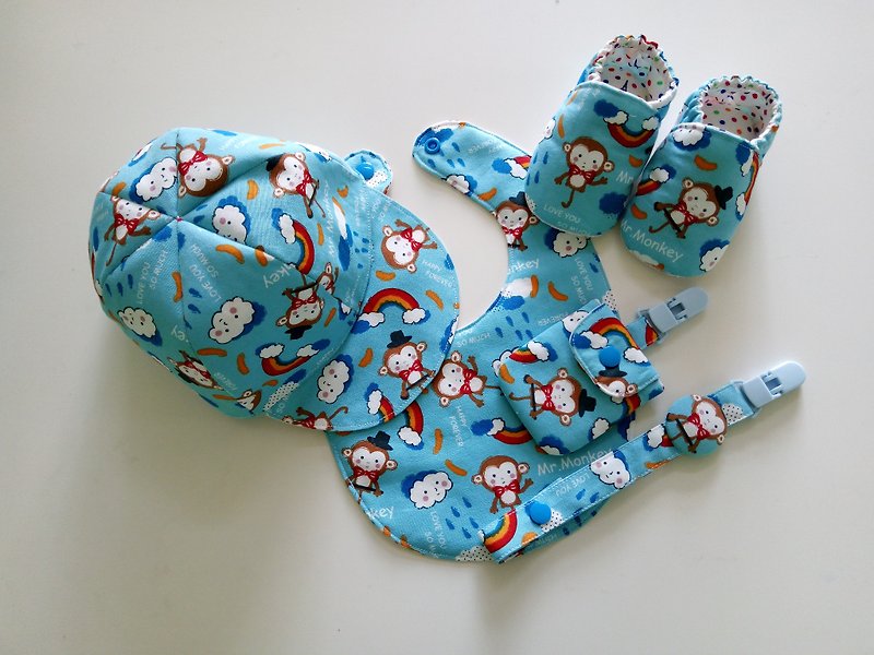 藍底猴子先彌月禮物五件組 寶寶棒球帽+嬰兒鞋+圍兜+平安符袋+奶嘴夾 - 口水肩/圍兜 - 棉．麻 藍色