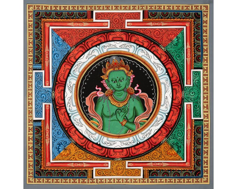 体验绿度母与Shree Yantra曼陀罗的神圣合一——这幅唐卡将慈悲、 - 壁貼/牆壁裝飾 - 其他材質 多色