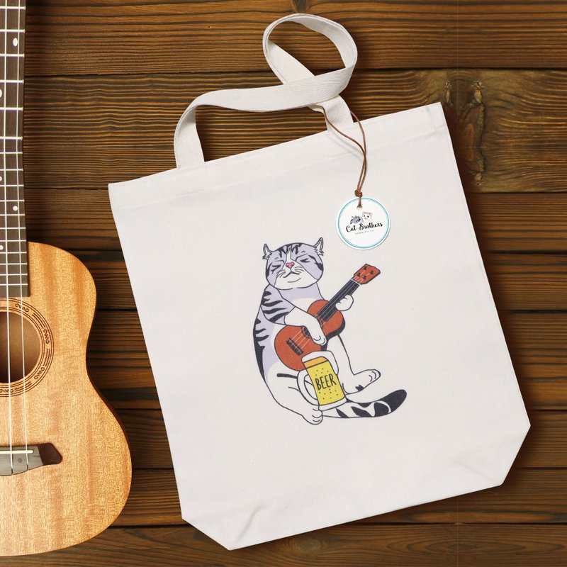 Cat playing guitar Tote Bag - Small size, Eco Bag, Cotton Bag, Cat tote bag - 手袋/手提包 - 棉．麻 白色