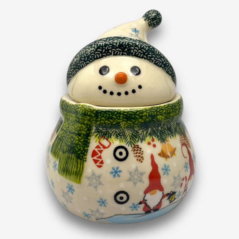 Polish hand-painted handmade pottery-Snowman storage jar (small) 15cm Christmas Elf series designer model - กล่องเก็บของ - ดินเผา สีเขียว