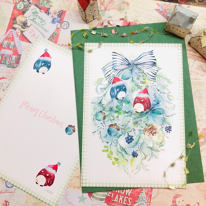 水彩聖誕卡【聖誕貓頭鷹】 - 心意卡/卡片 - 紙 綠色