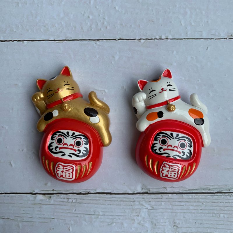 磁鐵組-達摩與招財貓-白色與金色 - 磁鐵 - 樹脂 