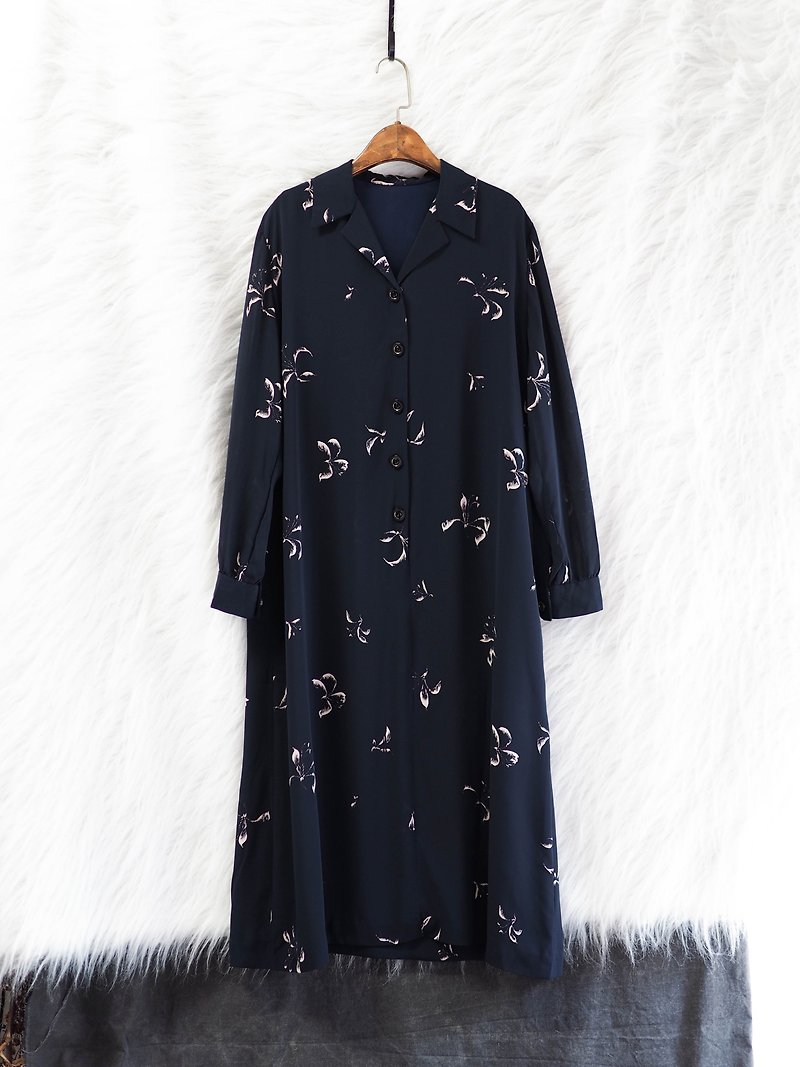 神奈川黑藍葉散花落浪漫春和 古董紡紗可拆領連身洋裝 vintage - 連身裙 - 聚酯纖維 藍色