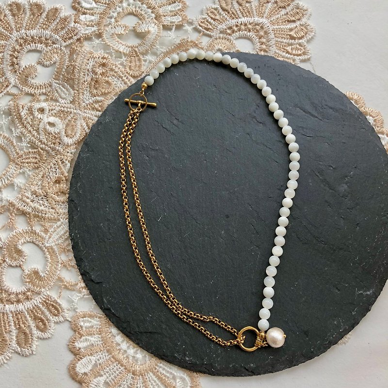 Mother opal and cotton pearl 3 way necklace N002 - สร้อยคอ - เครื่องประดับ ขาว