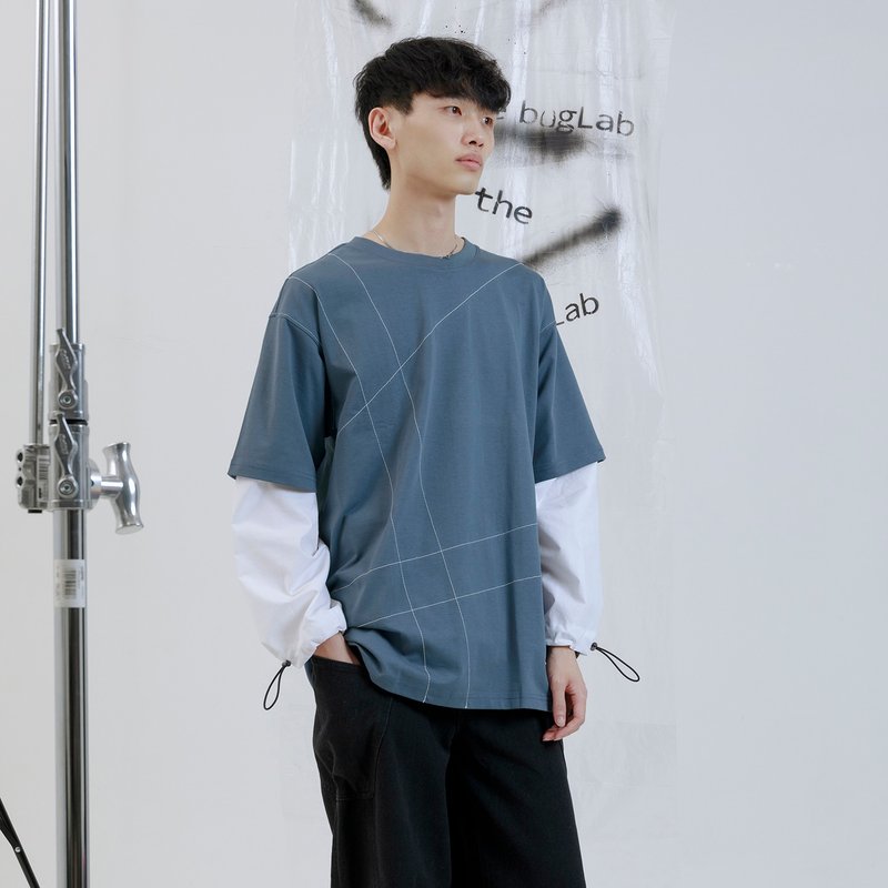 Sleeve patchwork top - เสื้อยืดผู้ชาย - ผ้าฝ้าย/ผ้าลินิน สีน้ำเงิน