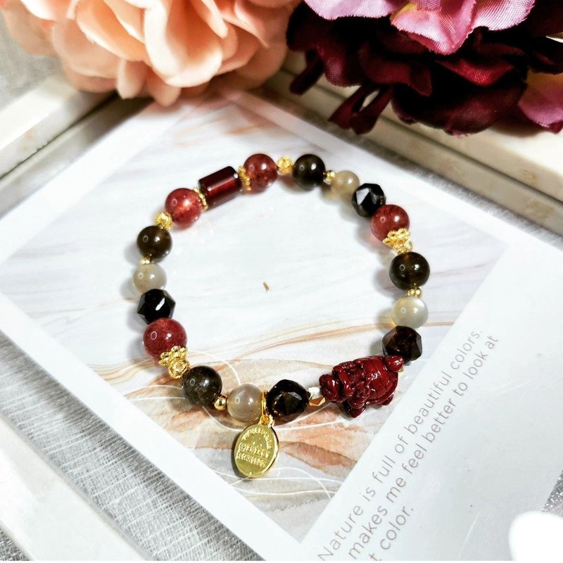 Red Moon Wealth Silk/Crystal that increases positive energy, avoids evil and protects against villains/Cinnabar Dragon Turtle/Orange Pomegranate/Strawberry Crystal/ - Bracelets - Crystal Red