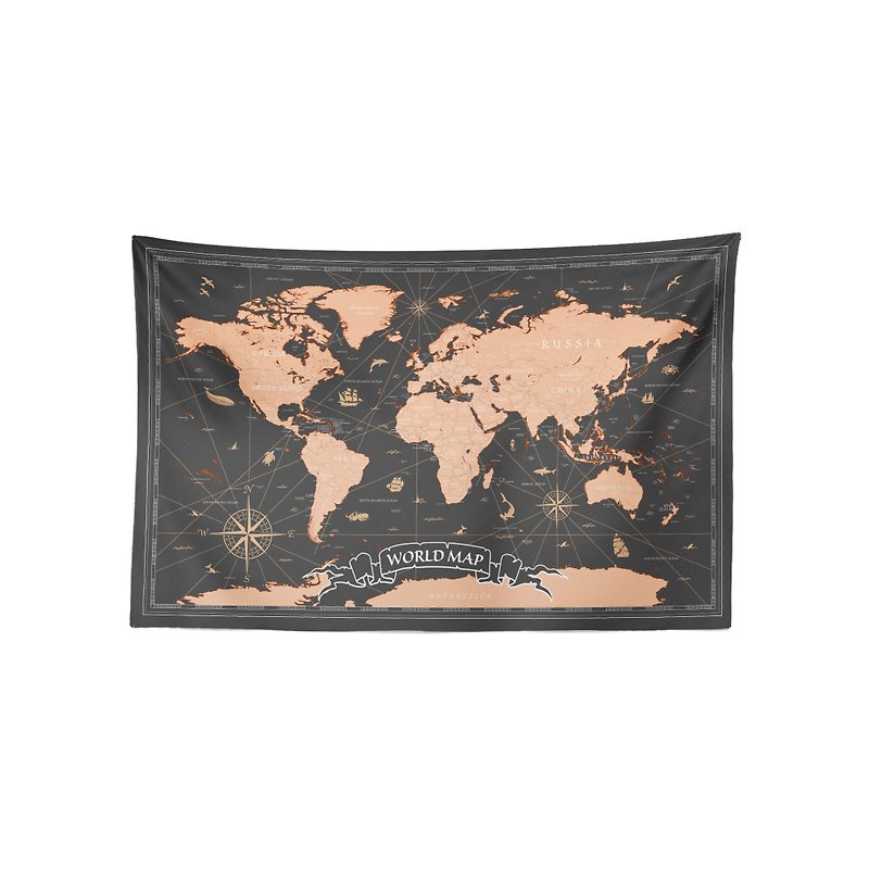 スポットレトロ世界地図（焦げ茶色）布カーテンハンギングカーテン - ポスター・絵 - ポリエステル ブラック