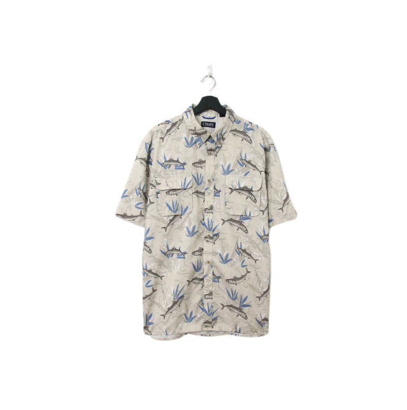 Back to Green-魚圖騰短袖襯衫 灰藍 水草 ff-12 vintage shirt - 男襯衫/休閒襯衫 - 棉．麻 