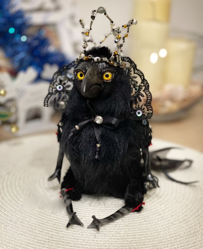 Black crowned crow doll, black raven puppet, luxury crow doll - ตุ๊กตา - ดินเหนียว สีดำ