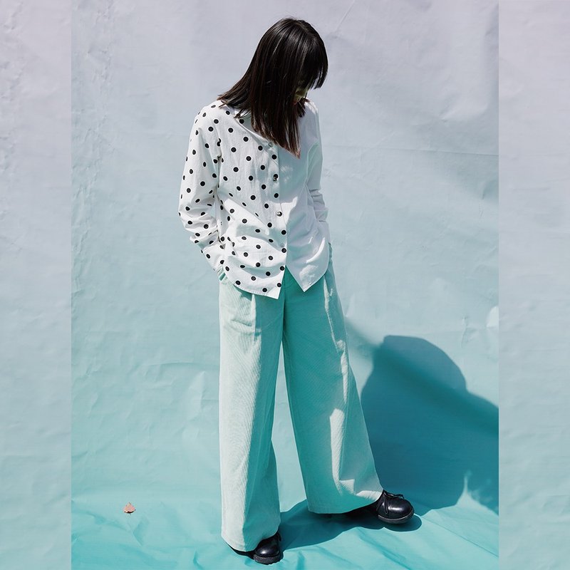 HAOLIAO 波點拼接襯衫 - 女襯衫 - 棉．麻 白色