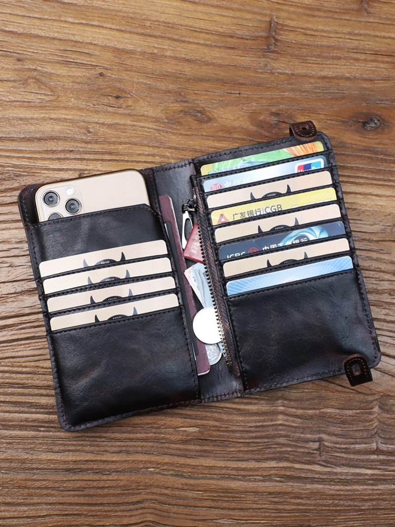 Genuine Leather Long Wallet Large Capacity Card Slot With Zipper Coin Purse - กระเป๋าสตางค์ - หนังแท้ สีนำ้ตาล