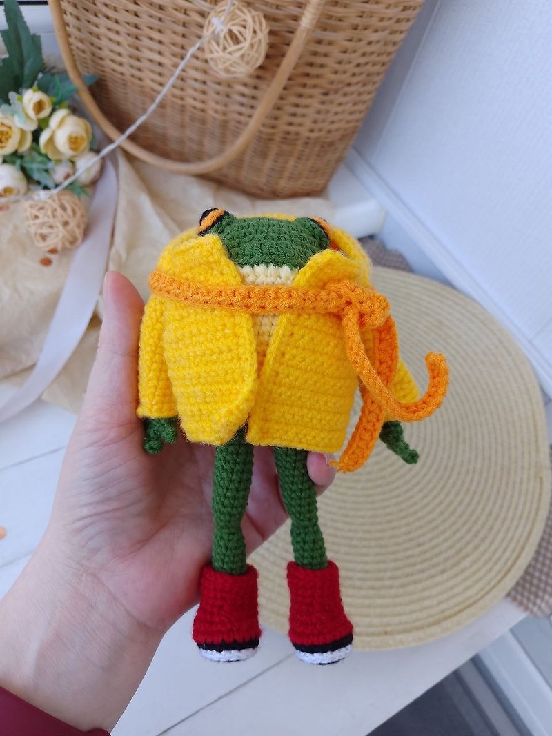 Funny toy gift to a friend - a frog in stylish clothes. Crochet frog in boots - Stuffed Dolls & Figurines - Cotton & Hemp Green