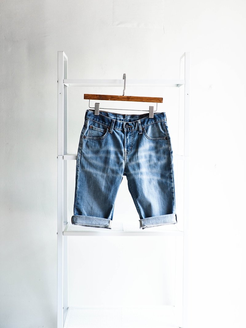 Levis 572 / W27 Love Water Blue Ocean Girl Cotton Tannin Antique Shorts Vintage Denim - กางเกงขาสั้น - ผ้าฝ้าย/ผ้าลินิน สีน้ำเงิน