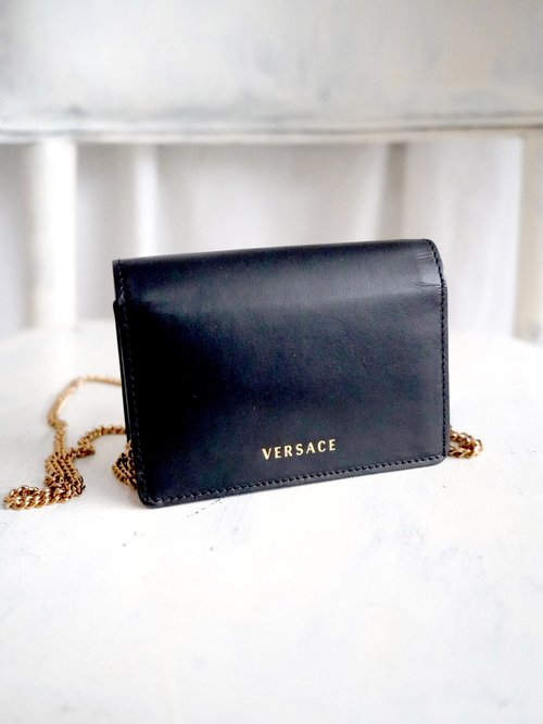 VERSACE Black Leather Lambskin Chain Wallet - Shop Travel
