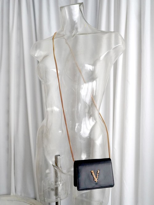 VERSACE Black Leather Lambskin Chain Wallet - Shop Travel
