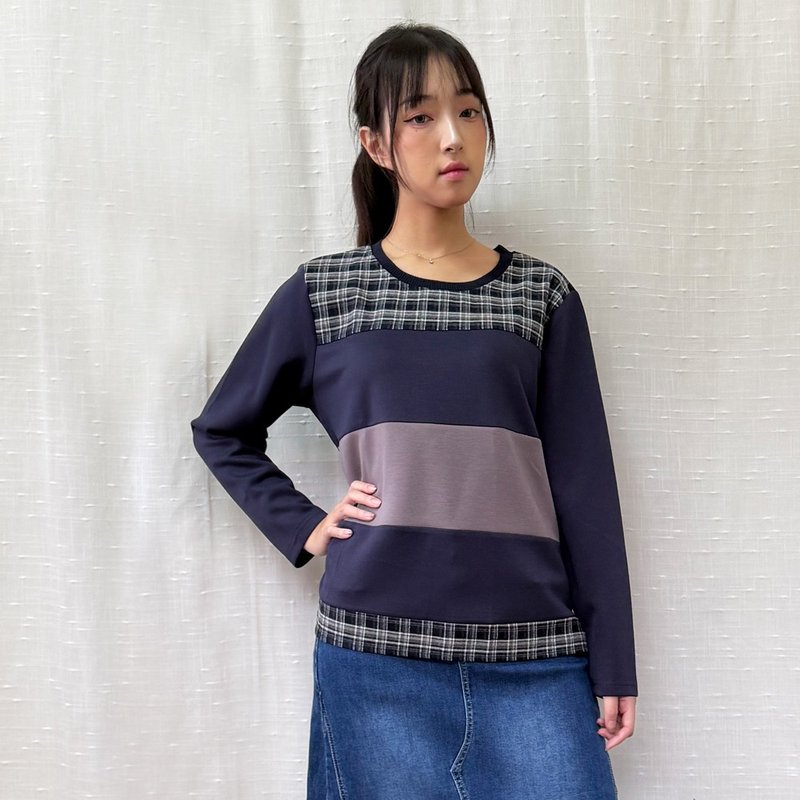 格紋拼接上衣 - 女上衣/長袖上衣 - 其他材質 