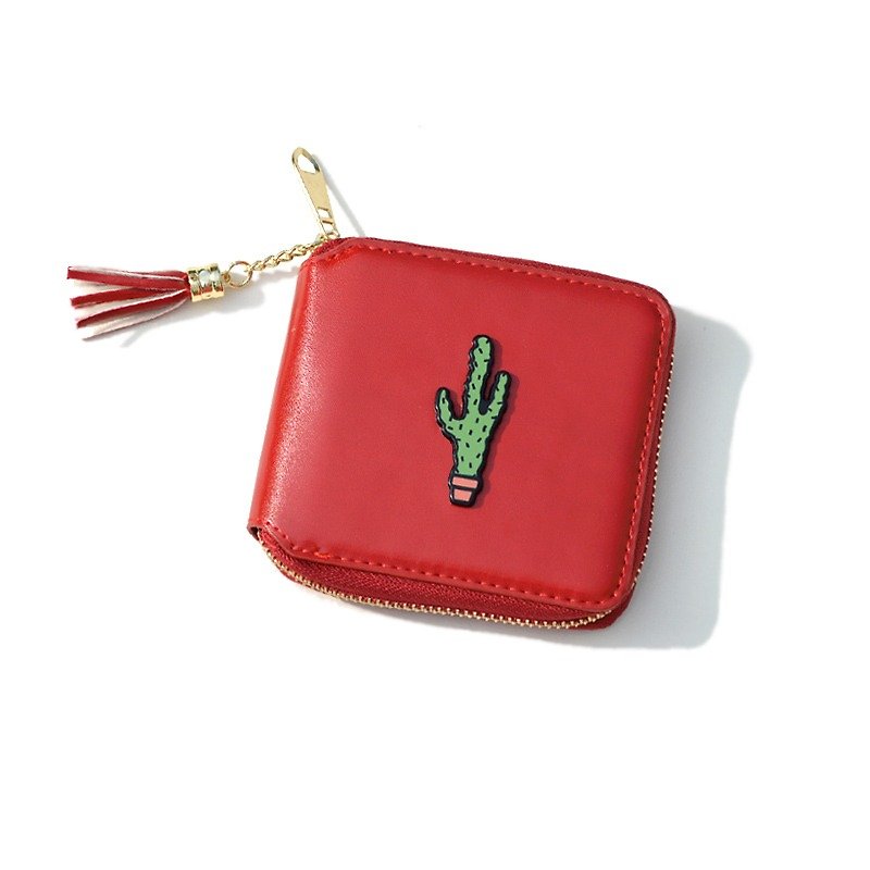 Under the sun cactus handmade leather wallet wallet clutch pendant tassels lovely Christmas gift New Year's gift - Wallets - Genuine Leather Red