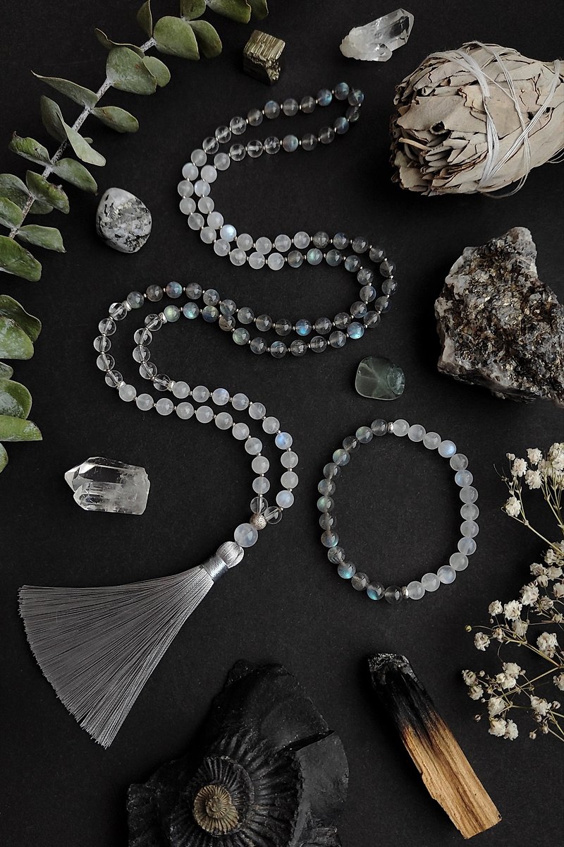 Mala Selena - Moonstone, Labradorite and Quartz Rosary Necklace and Bracelet - Long Necklaces - Semi-Precious Stones Silver
