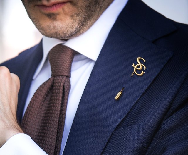 Wedding lapel pin for groom, Gold-plated tie pin Initials, Custom lapel pin  - Shop Personalized Cufflinks silver 925 Ties & Tie Clips - Pinkoi