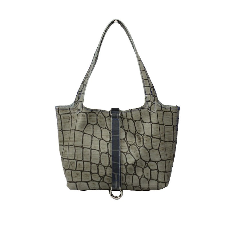 AMINAH-Grey crocodile embossed leather handbag【Art.201】 - Handbags & Totes - Genuine Leather Gray